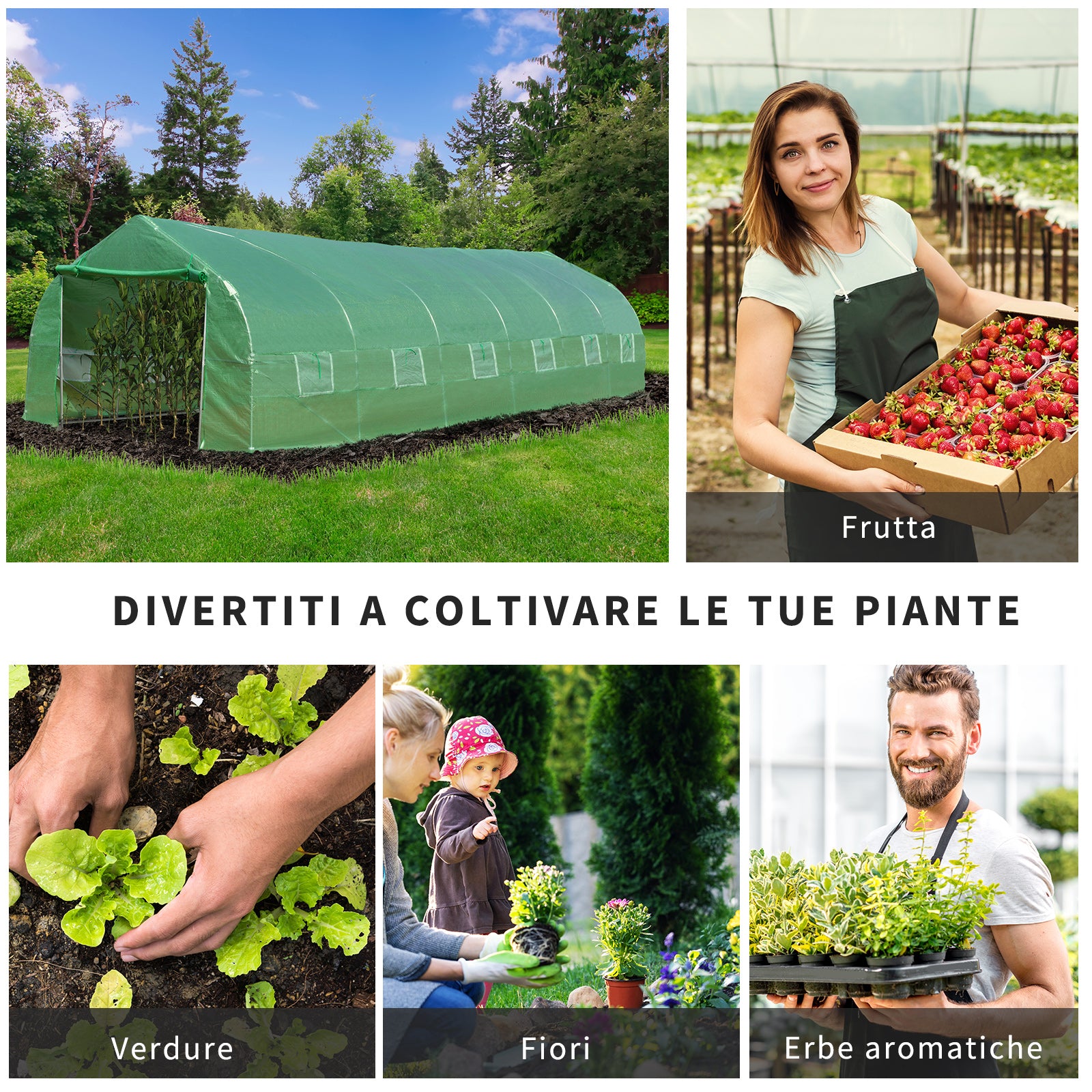 Easycomfort Serra da Giardino a Tunnel 8x3x2m in PE e Acciaio con Porta Avvolgibile e Finestre, Verde