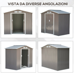 EASYCOMFORT  Casetta da Giardino Porta Utensili in Lamiera di Acciaio, Capanno da Giardino in Acciaio con Porte Scorrevoli, 213x130x185cm, Grigio
