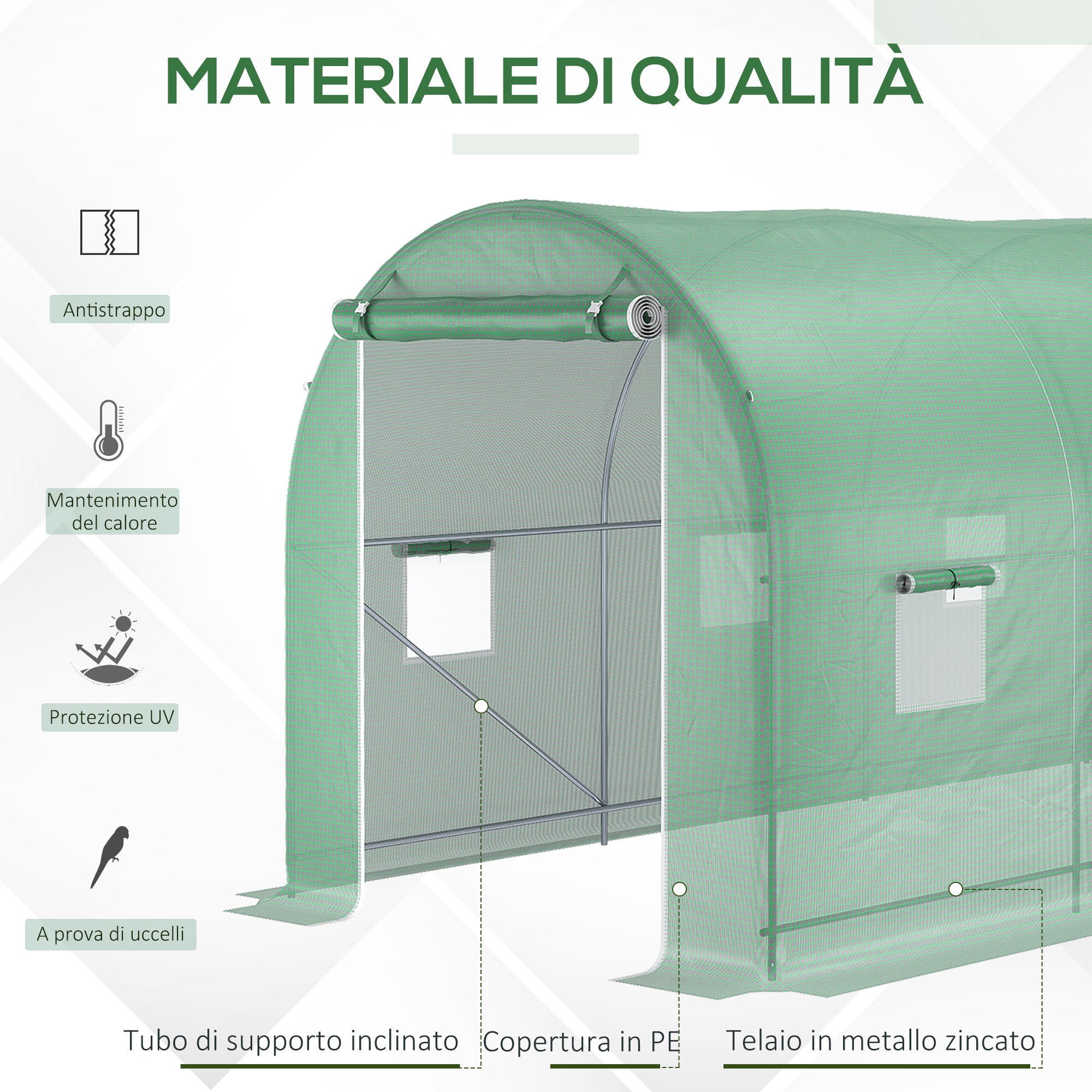 Easycomfort Serra a Tunnel da Giardino 5x2x2 m con 8 Finestre e Porta Avvolgibile, Verde