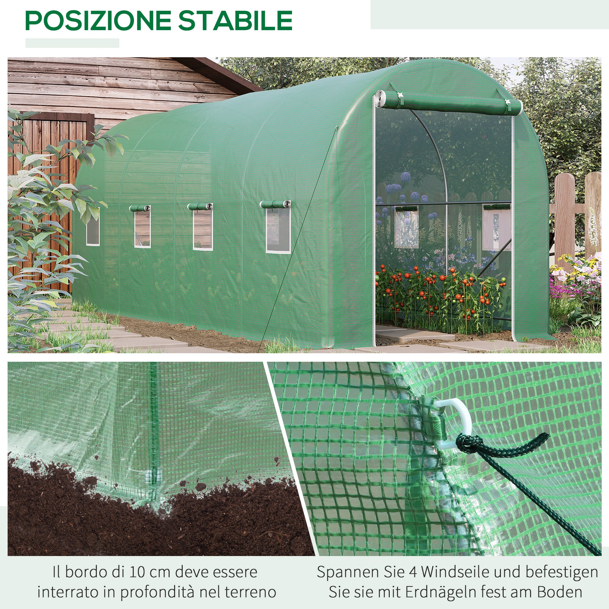 Easycomfort Serra a Tunnel da Giardino 5x2x2 m con 8 Finestre e Porta Avvolgibile, Verde