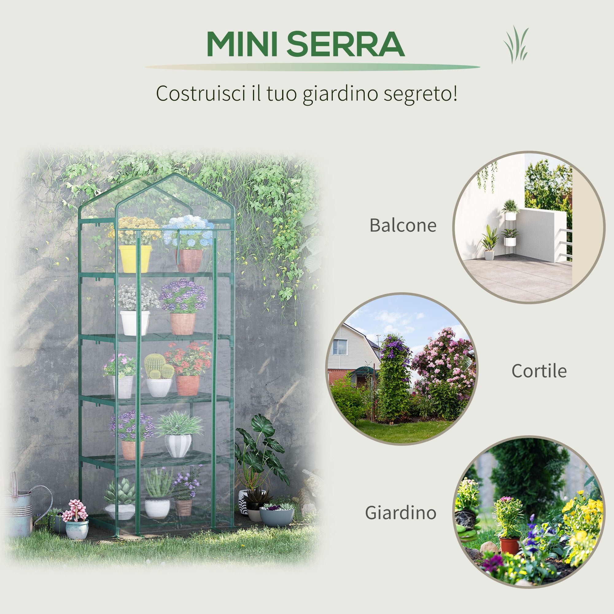 Easycomfort Mini Serra da Giardino e Terrazza per Piante a 5 Ripiani in Acciaio con Copertura in PVC, 69x49x193 cm, Verde