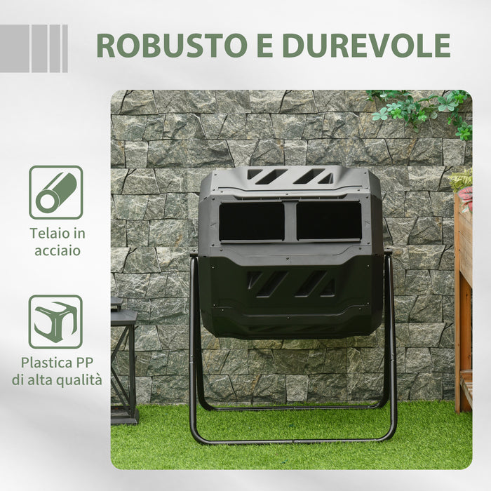 Easycomfort Compostiera da Giardino Girevole a 2 Sezioni con 8 Prese d'Aria, Compostiera Domestica in Acciaio e PP, 160 L, per Compostaggio Rifiuti Organici, 71x65x96 cm, Nero