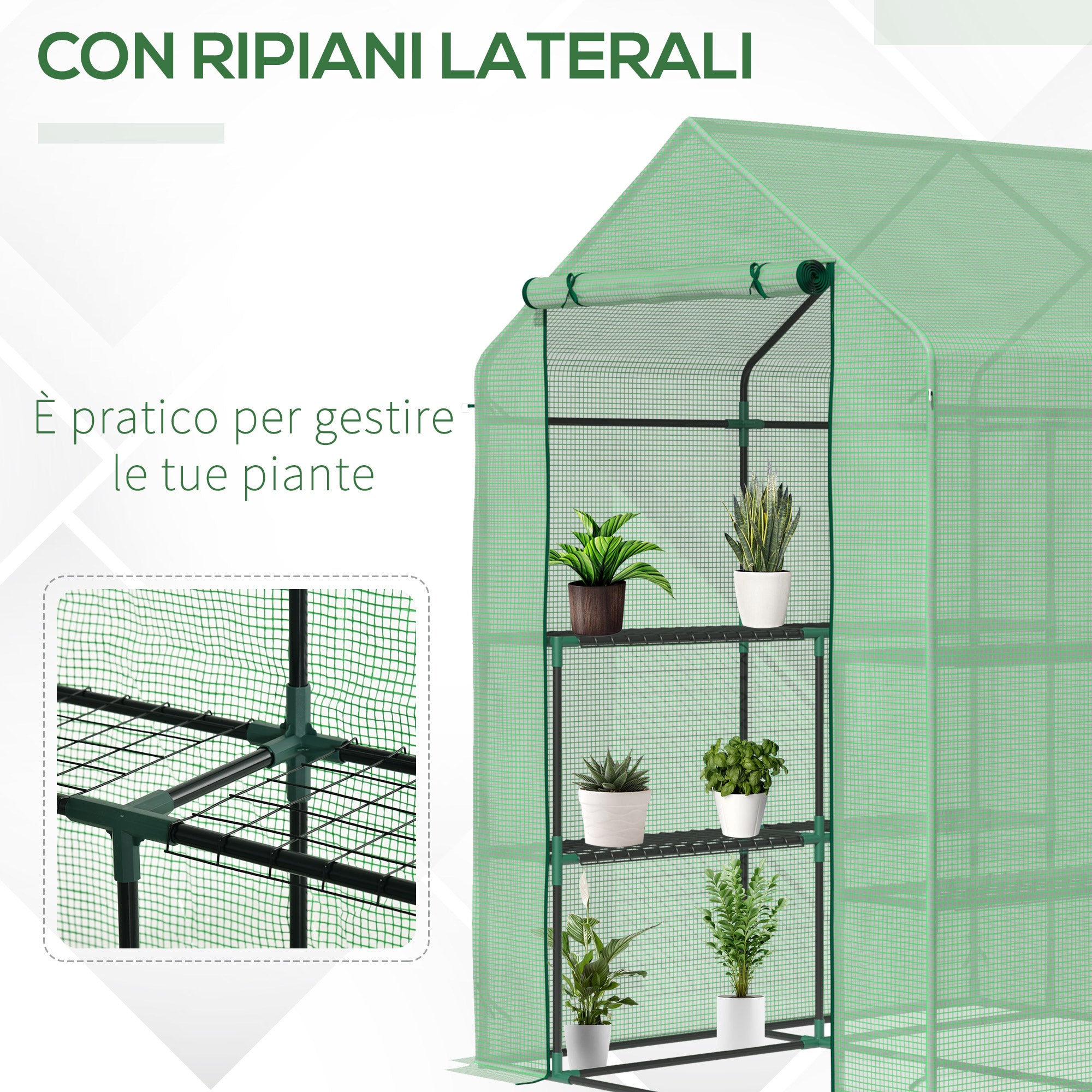 EasyComfort Serra da Giardino con Scaffali, Copertura in PE e Porta Avvolgibile, 143x138x190 cm, Verde