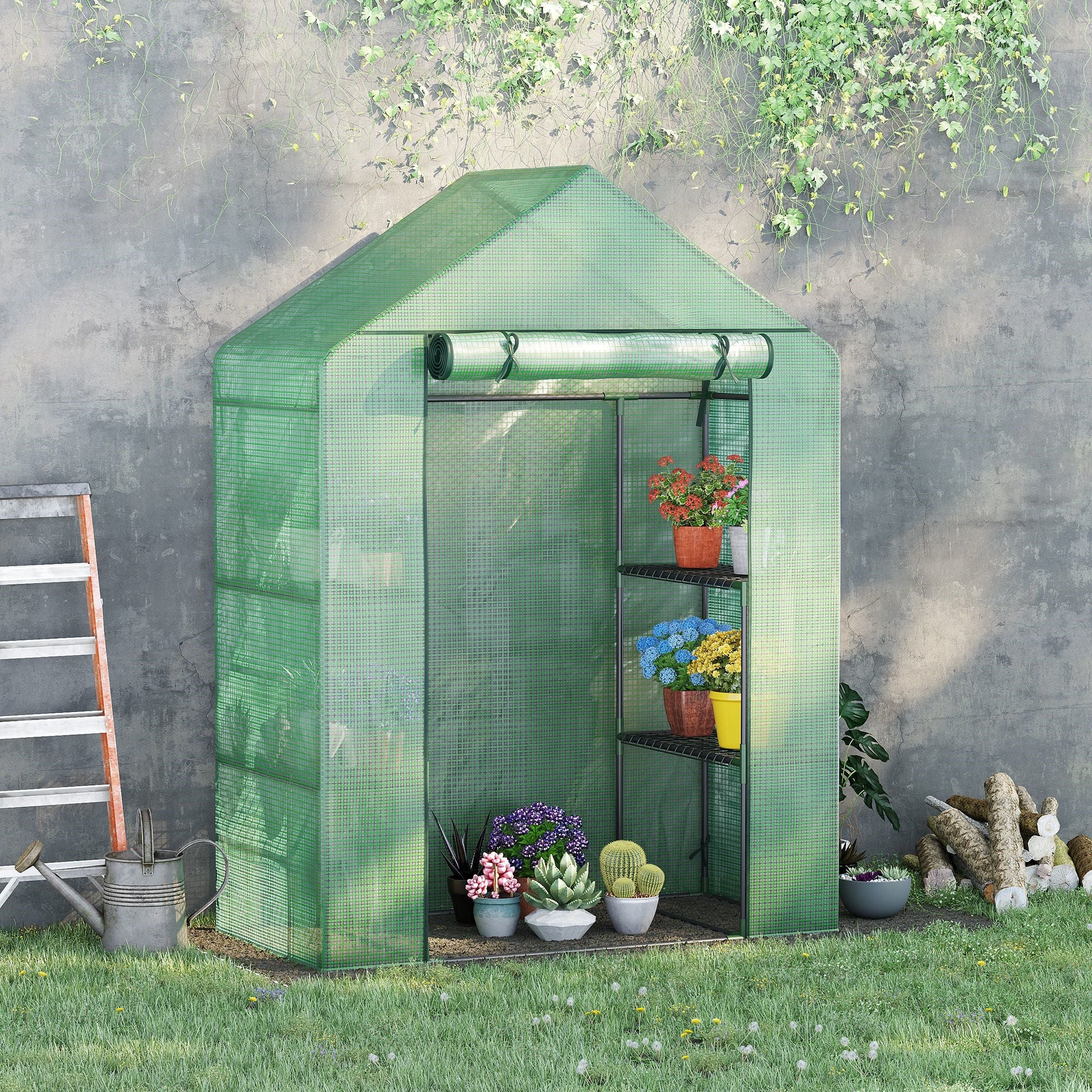 Easycomfort Serra da Giardino in Acciaio e Plastica PE con 4 Ripiani, Funi e Picchetti, 141x72x191 cm, Verde