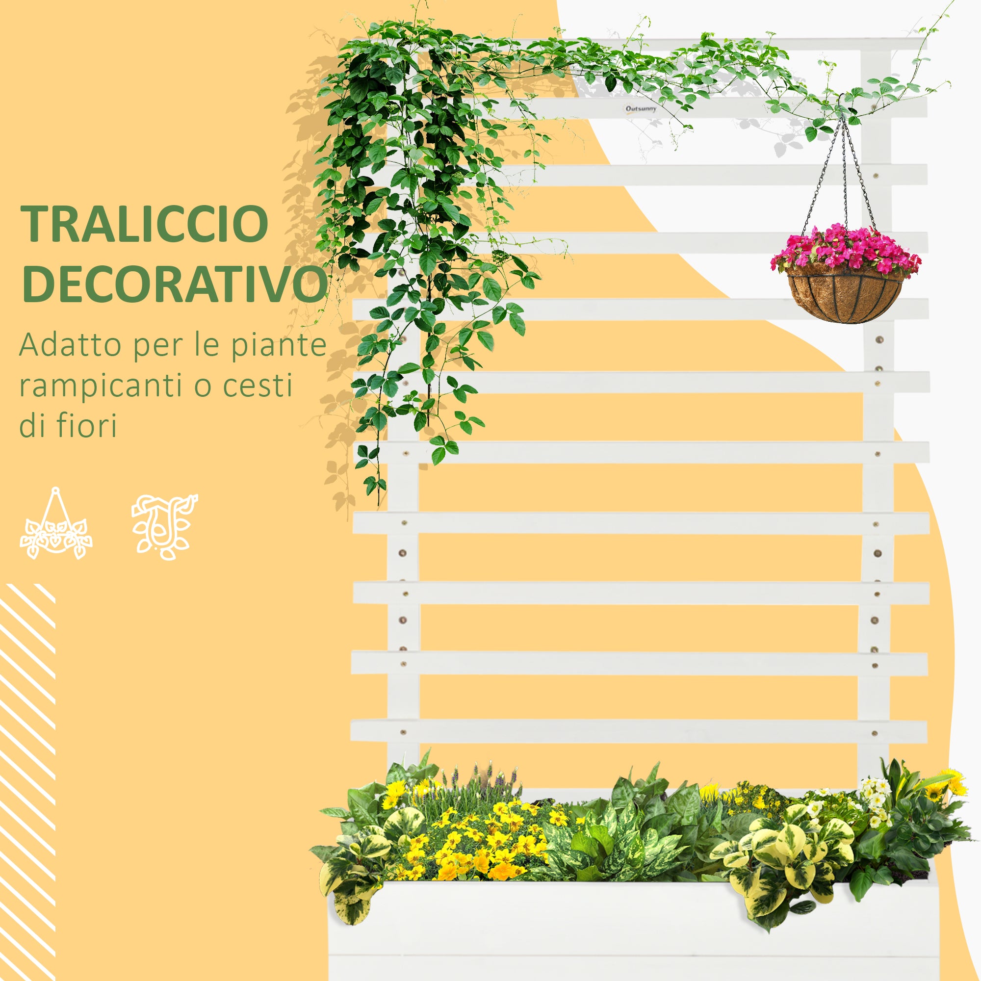 Easycomfort Fioriera Verticale con 4 Ruote e Traliccio per Piante Rampicanti in Legno, 76x30x155cm, Bianco