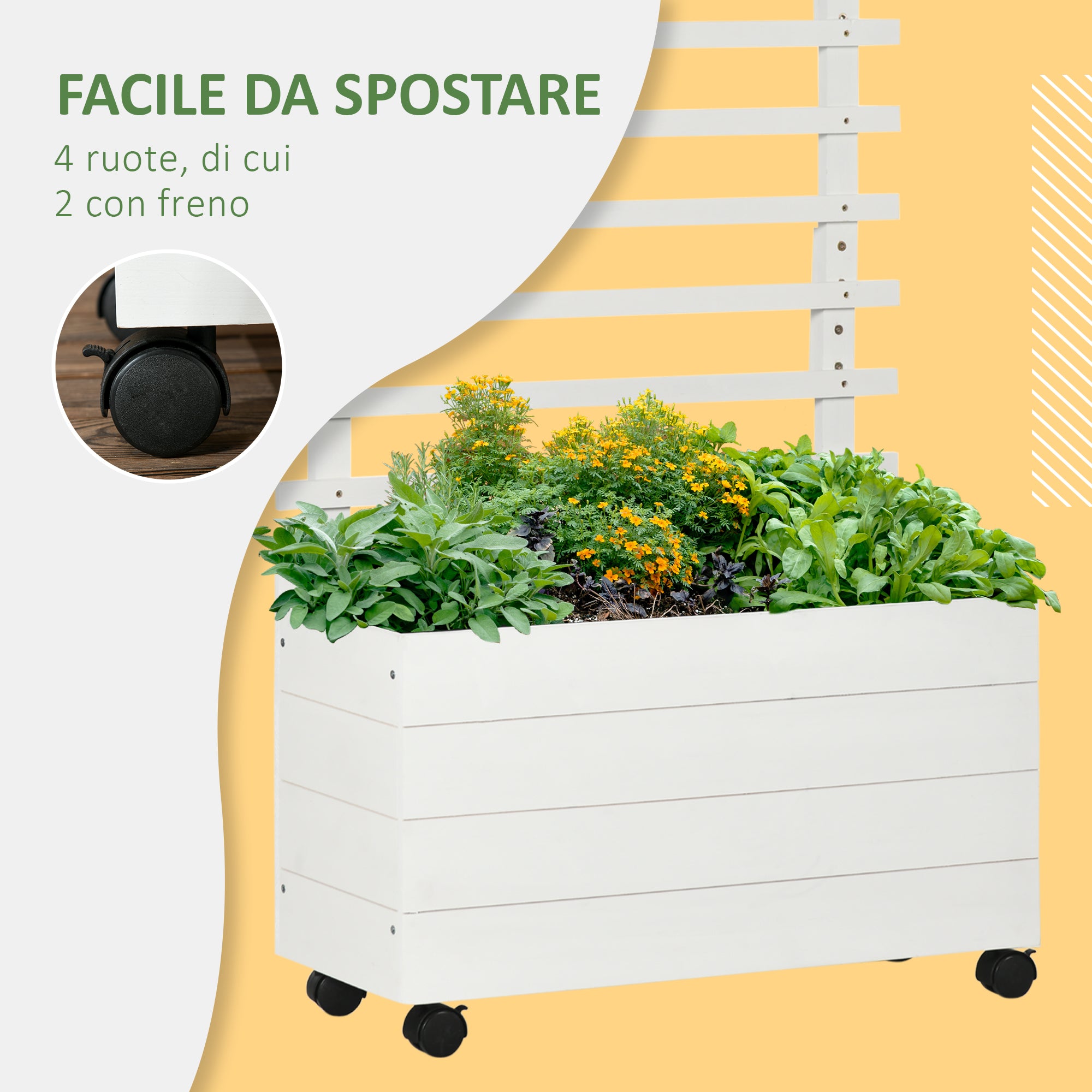 Easycomfort Fioriera Verticale con 4 Ruote e Traliccio per Piante Rampicanti in Legno, 76x30x155cm, Bianco