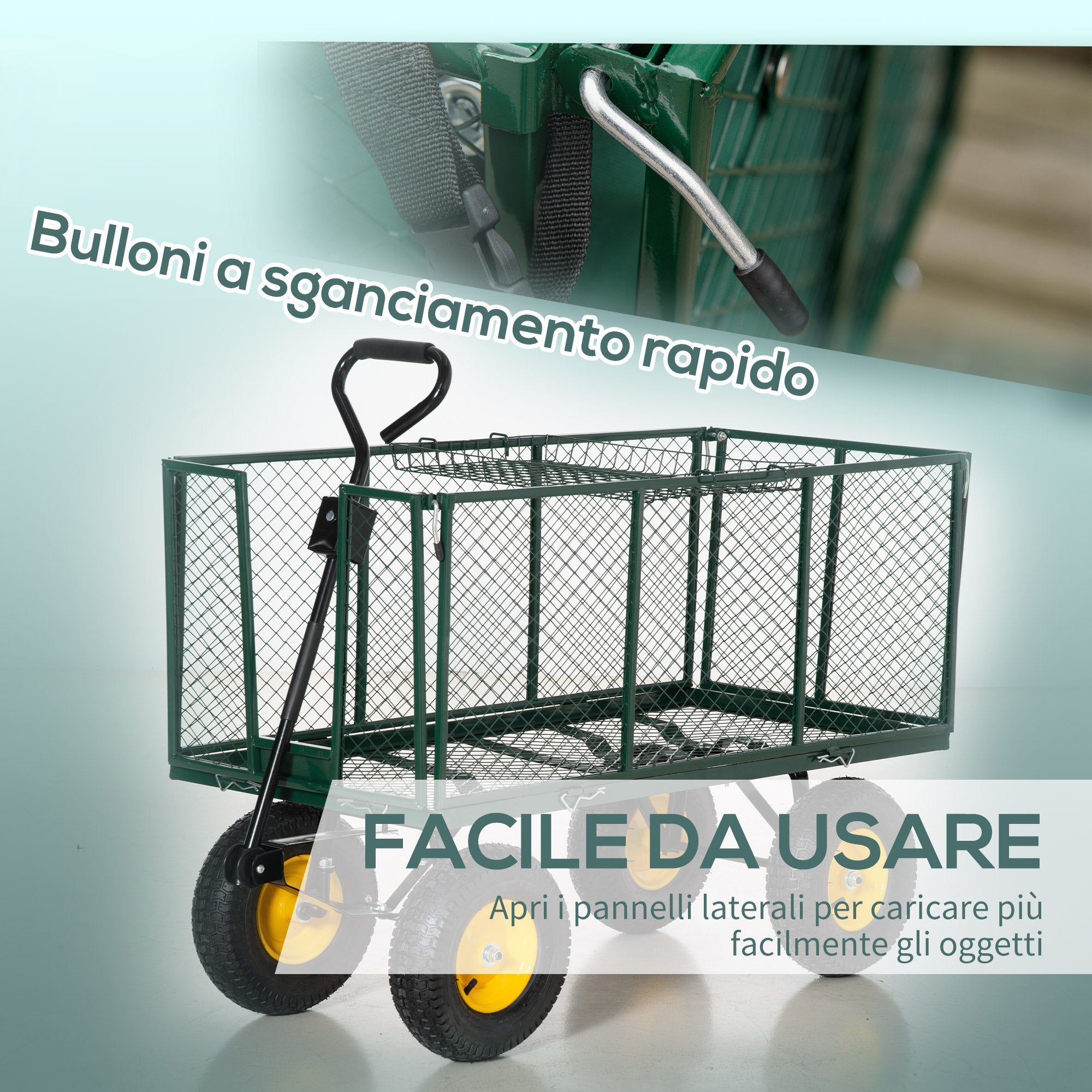 EasyComfort Carrello da Giardino in Acciaio con Pareti Laterali Ribaltabili e 4 Ruote, Capienza 342L, Verde
