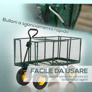 EasyComfort Carrello da Giardino in Acciaio con Pareti Laterali Ribaltabili e 4 Ruote, Capienza 342L, Verde