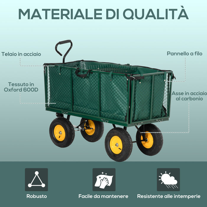 EasyComfort Carrello da Giardino in Acciaio con Pareti Laterali Ribaltabili e 4 Ruote, Capienza 342L, Verde