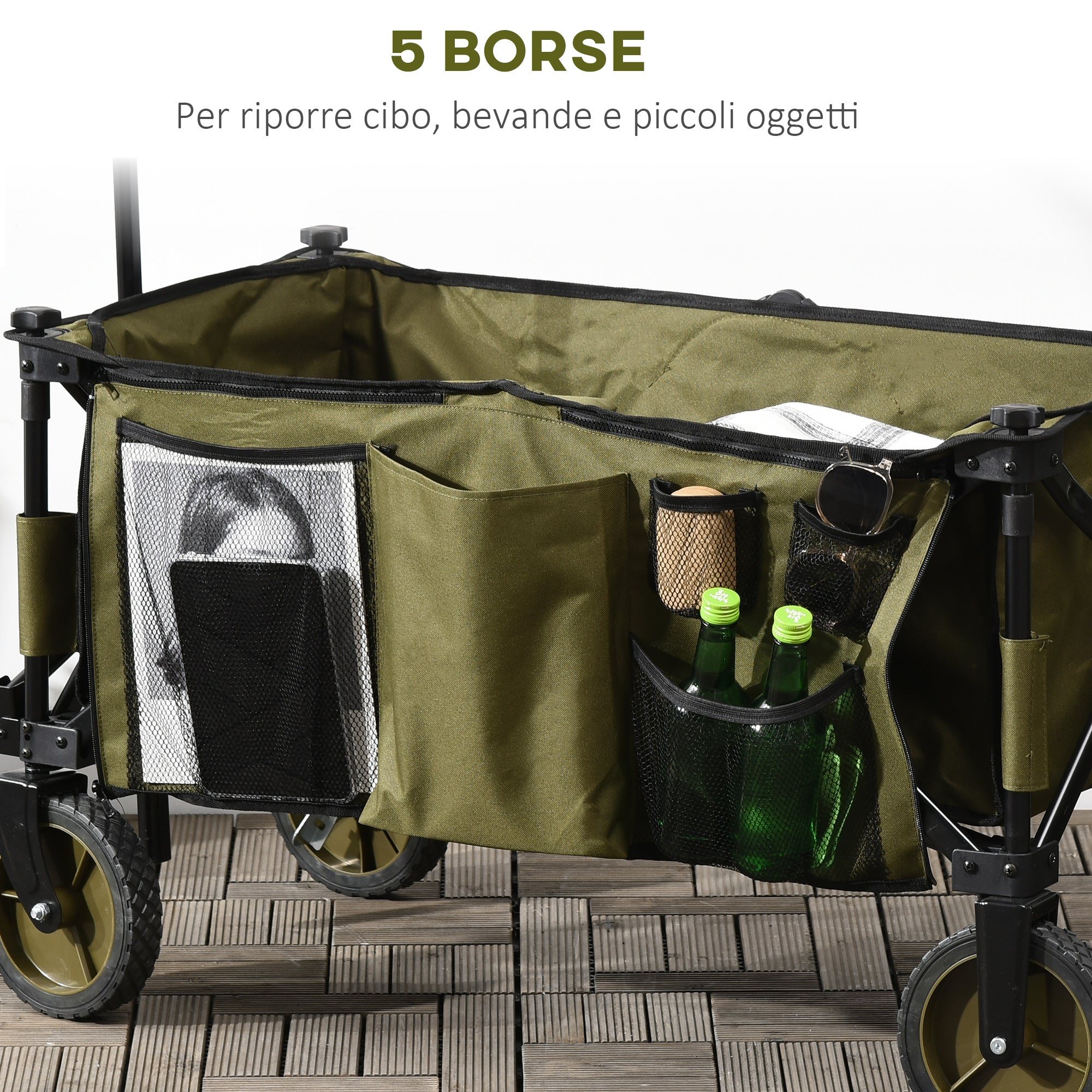 Easycomfort Carrello da Giardino 125L Pieghevole con Maniglia e 5 Sacche, 108x55x93 cm, Verde