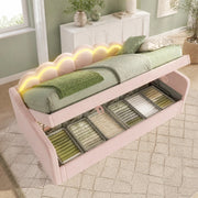 Divano letto ULEVR 90x200 cm in velluto rosa con contenitore idraulico, LED multicolore e telecomando