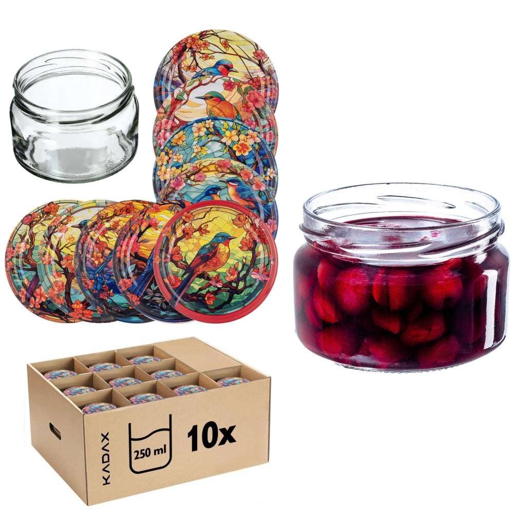 Barattoli per conserve KADAX Denia 250ml 10 pezzi 82mm + coperchio "Vetro colorato con uccelli"