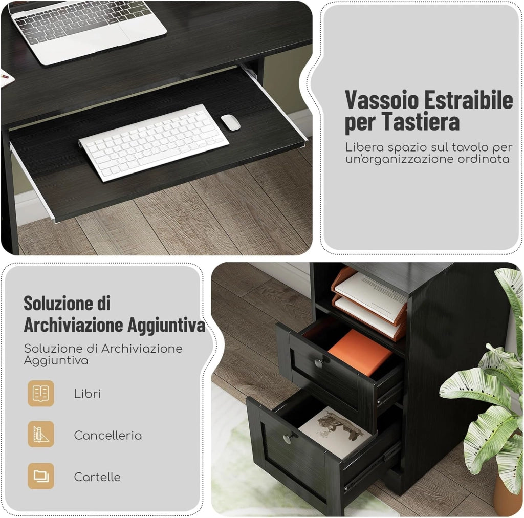 Scrivania Angolare con Prese di Corrente, Scrivania ad Angolo Moderna con 2 Cassetti, Armadio, Mensola Regolabile e Vassoio per Tastiera, Ideale per Gaming, Lavoro e Scrittura (Nero)