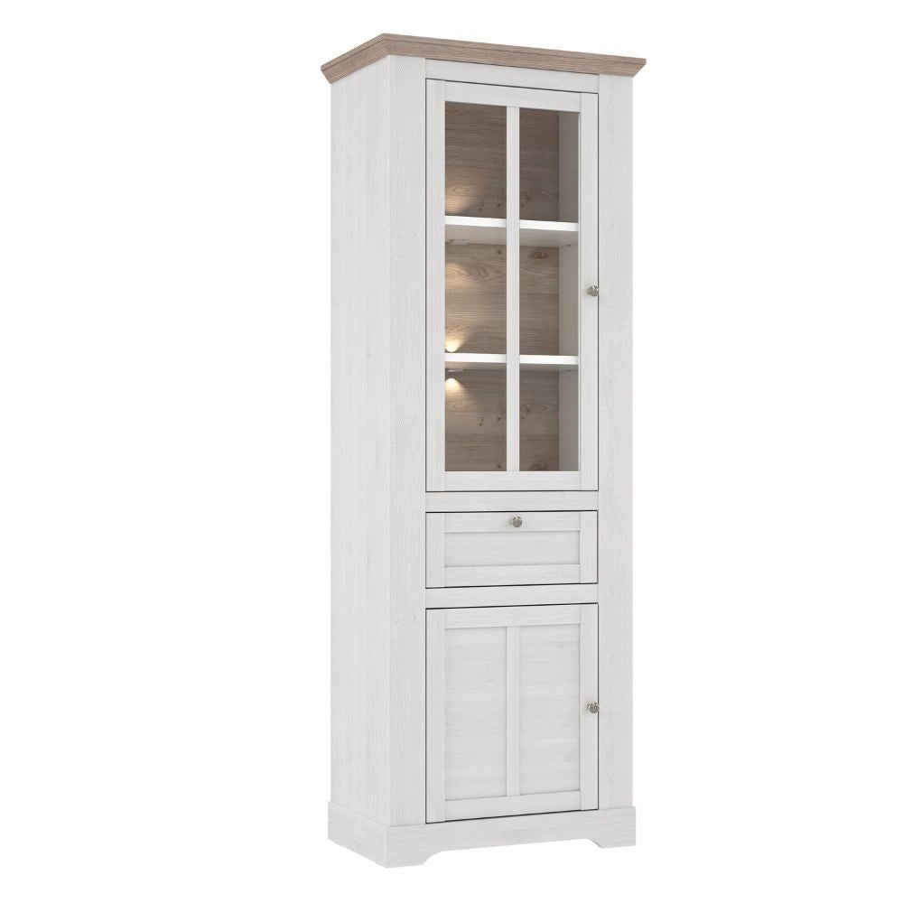 Vetrina Forma 2 Ante con Cassetto e Luci LED Rovere Bianco Neve e Olmo Scuro – Compatta e Raffinata