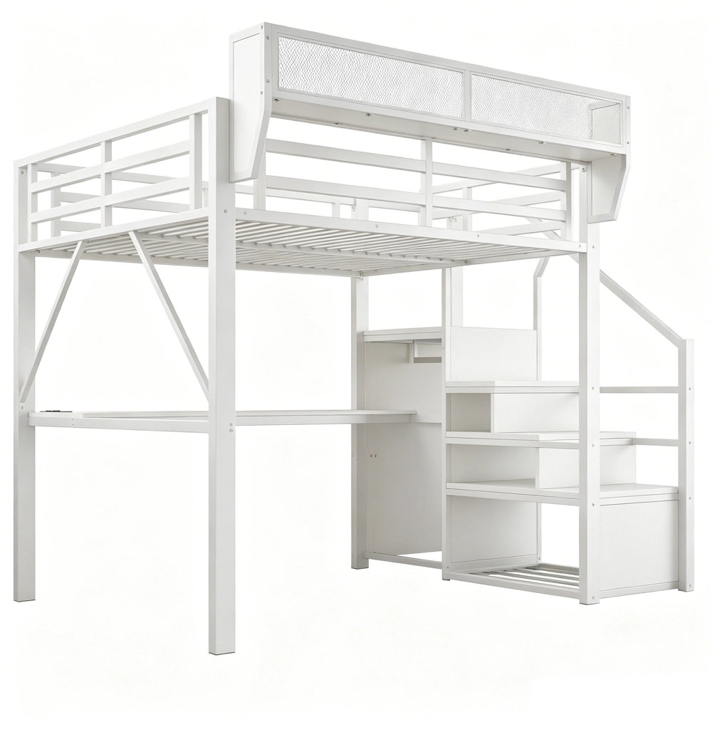 Letto a soppalco 140x200 cm in metallo bianco con scrivania; LED; scala e scaffale regolabile