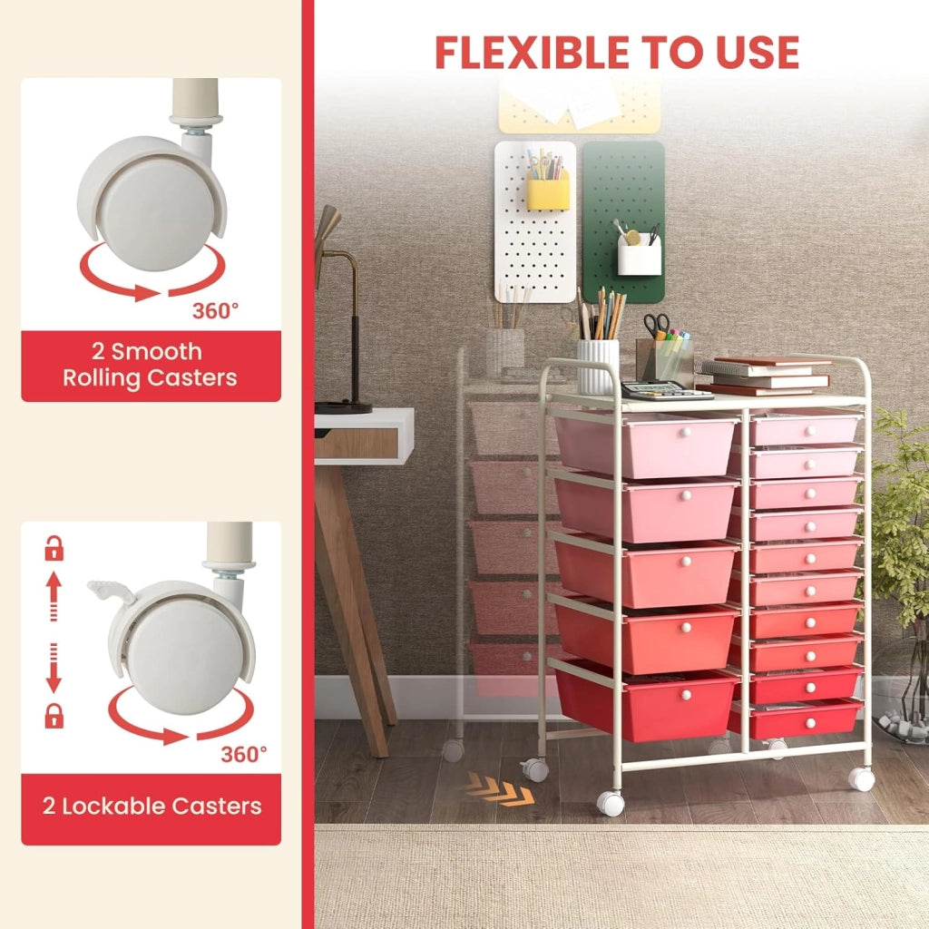 Carrello con 15 Cassetti, Impilabile, con Ruote Bloccabili per Cucina, Bagno, Ufficio - 63 x 37 x 87 cm (Rosa)