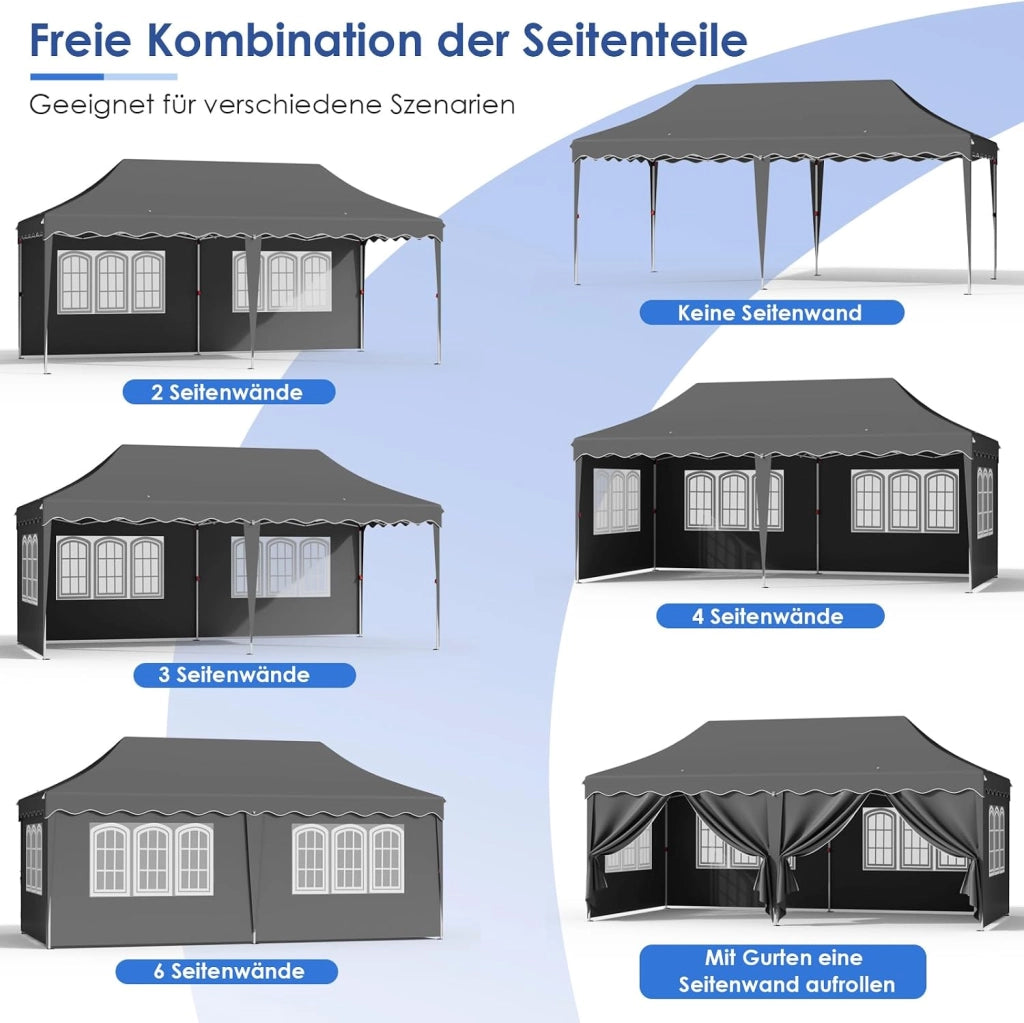 Gazebo 3x6 Pieghevole Impermeabile Esterno Con 6 Pareti Laterali, Tenda Protezione UV 50+, 12 Chiodi Rettificati e 6 Corde - Per Campeggio/Matrimoni, Grigio