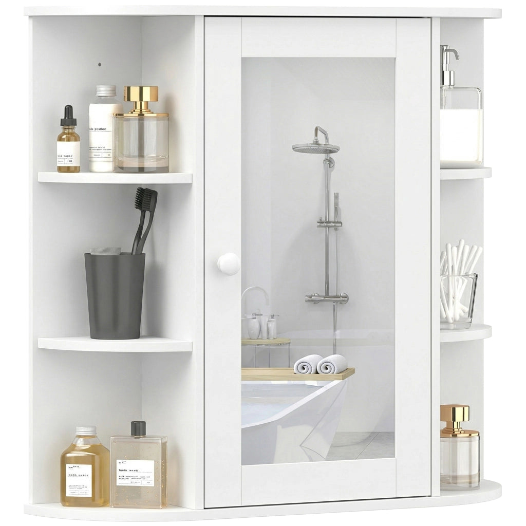 Specchio Bagno Contenitore con 6 Ripiani Aperti e 2 Chiusi, 66x17x63 cm Mobile Bagno con Specchio, Mobilettto da Parete in Vetro, Bianco