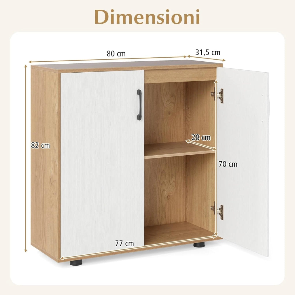 Credenza Bassa per Soggiorno con 2 Ante e Mensola Regolabile su 5 Livelli, Mobile da Cucina Moderno in Legno, Mobiletto Salvaspazio per Salotto e Ingresso, 80 x 31,5 x 82 cm (Naturale)