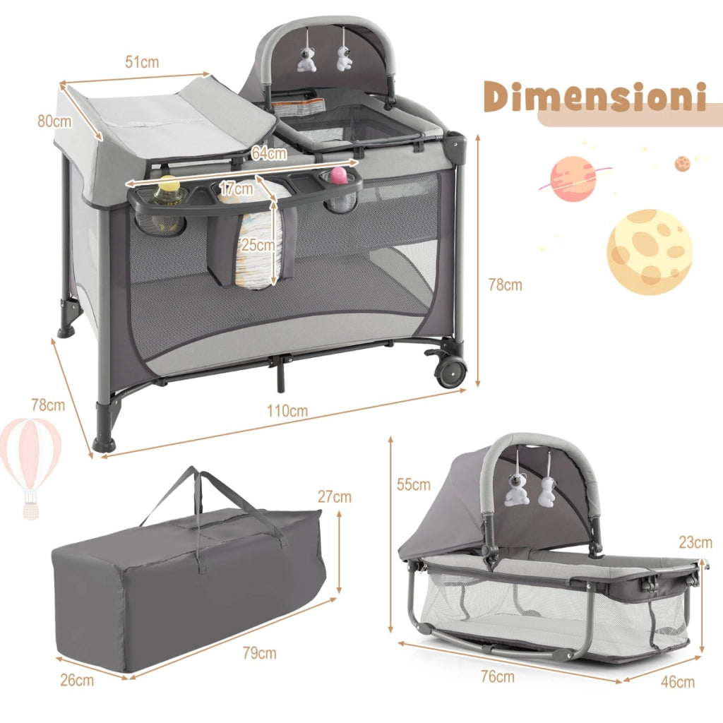 Culla da viaggio pieghevole per neonati con fasciatoio, Lettino a ruote multifunzionale 5 in 1 portata 15kg Grigio-Culle