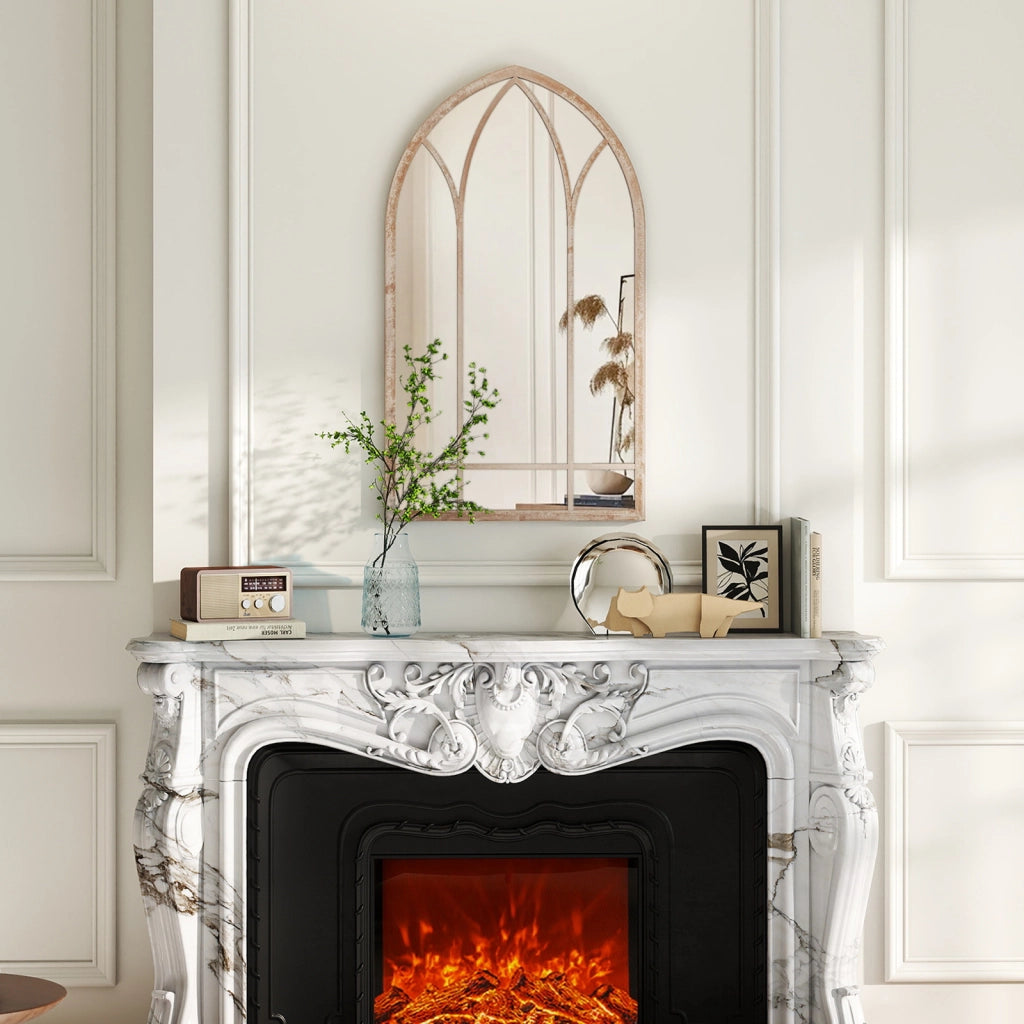 Specchio a finestra in stile rustico con cornice metallica e antideflagrante, Specchio decorativo ad arco per soggiorno ingresso camino giardino 83 x 48 x 2 cm