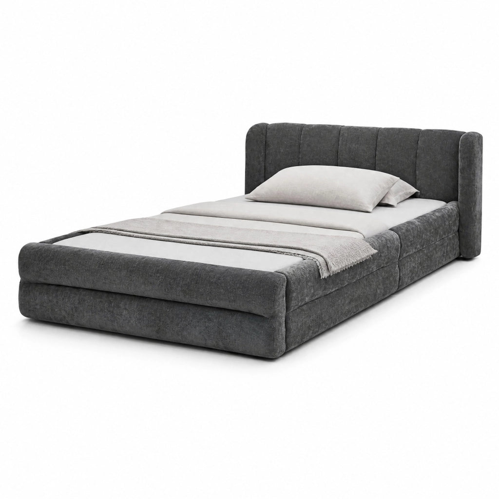 Letto singolo 90x200 cm in tessuto Chenille; testiera ergonomica; grigio scuro