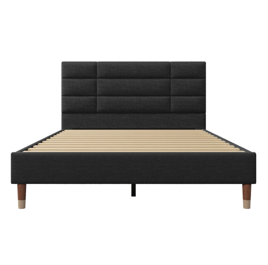 Letto matrimoniale imbottito 140x200 cm in lino nero con rete a doghe e testiera
