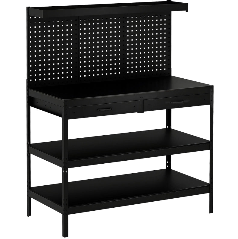 Banco da lavoro ULEVR 122x61x156 cm con 2 cassetti, pannelli forati e ripiani regolabili, nero