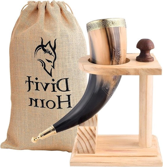 Calice da birra medievale con stand di legno - decorazioni in ottone - sacchetto di regalo in juta - capacità 16 oz