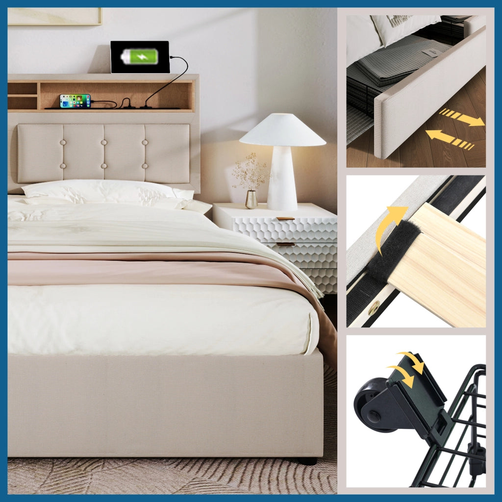 Letto con Cassetti Letto Matrimoniale; 4 Cassetti; USB; Tipo C e Prese; 160×200 cm; senza Materasso; Lino; Beige