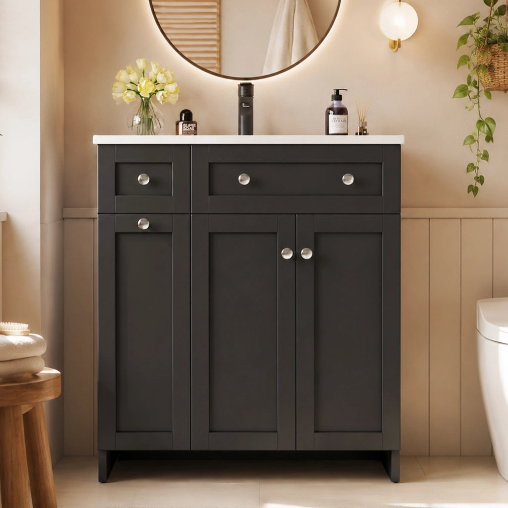Mobile sottolavabo da bagno con lavabo in ceramica, 1 anta e 3 cassetti, finitura laccata, nero, 76 × 47 × 86 cm