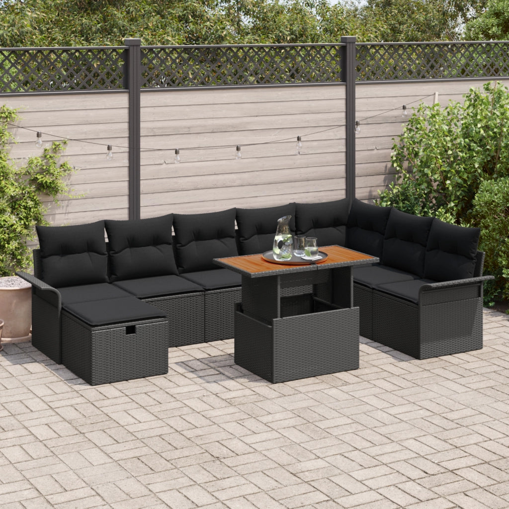 Set di Divani da Giardino 9 Pezzi con Cuscini Nero Polyrattan