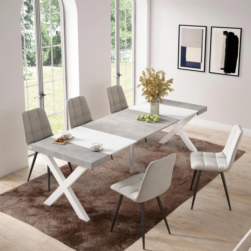 Consolle allungabile, 58 fino 262x90x73cm, Per 12 persone, Gambe in legno, Bianco e grigio cemento RF2818