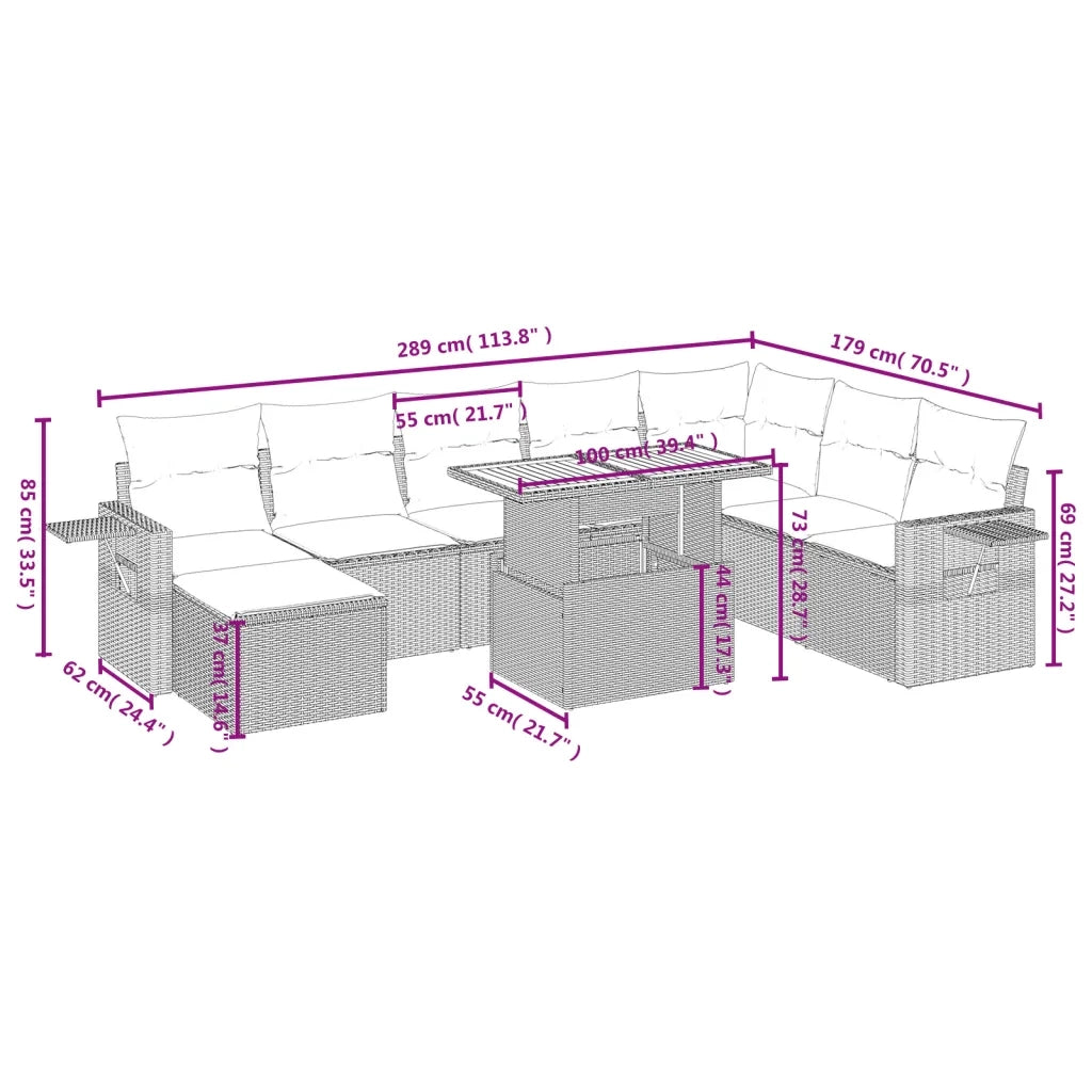 Set Divani da Giardino 9 pz con Cuscini Nero in Polyrattan 3275736