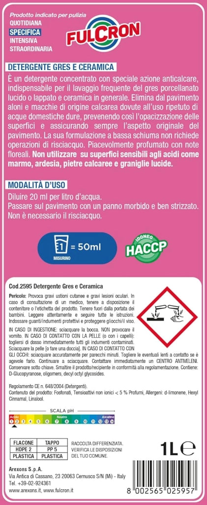 DETERGENTE GRES E CERAMICA 'FULCRON' lt. 1- 6 pezzi  - AREXONS
