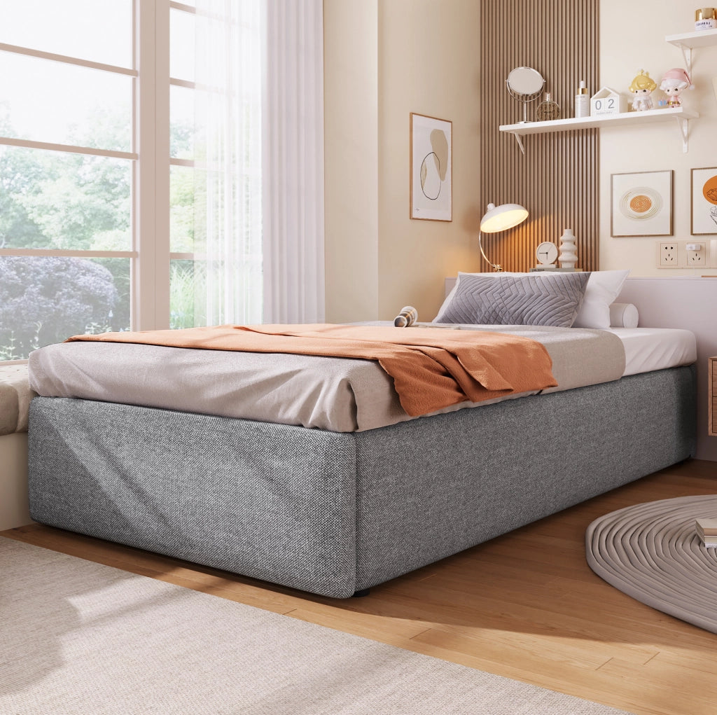 Letto imbottito 90x200 cm senza testiera; con contenitore idraulico e cassetto; grigio