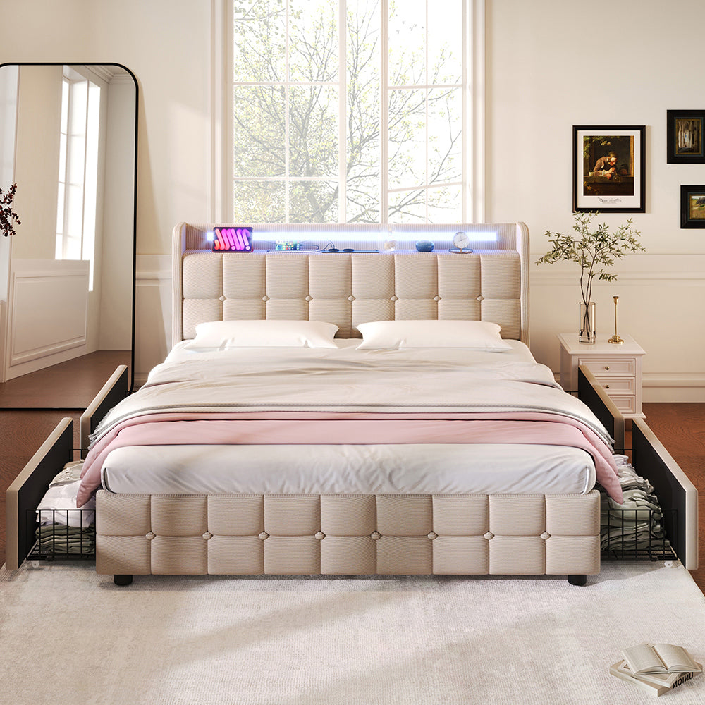 Letto imbottito 140x200 cm - Xylo - USB, LED, 4 cassetti