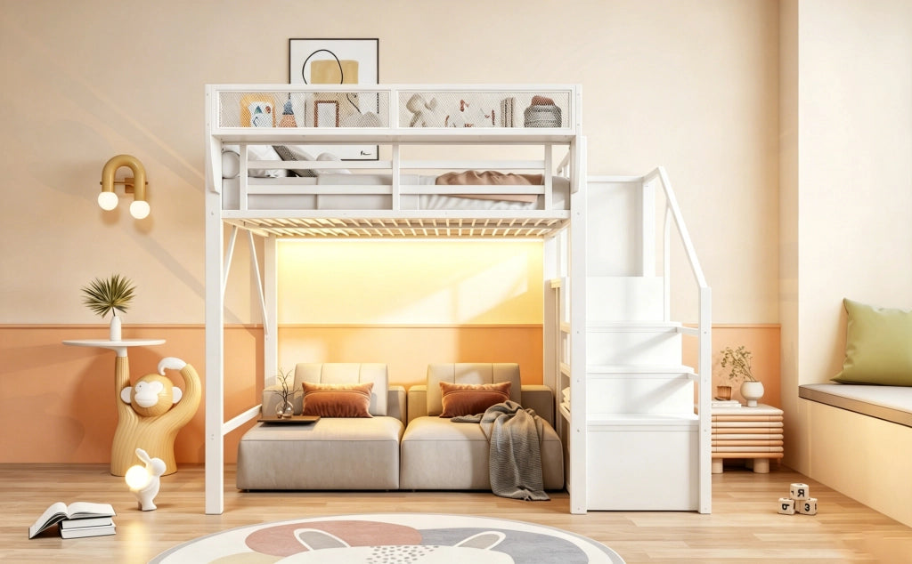 Letto a soppalco 140 × 200 cm con led, scaletta di sicurezza e ripiani, senza materasso, metallo bianco