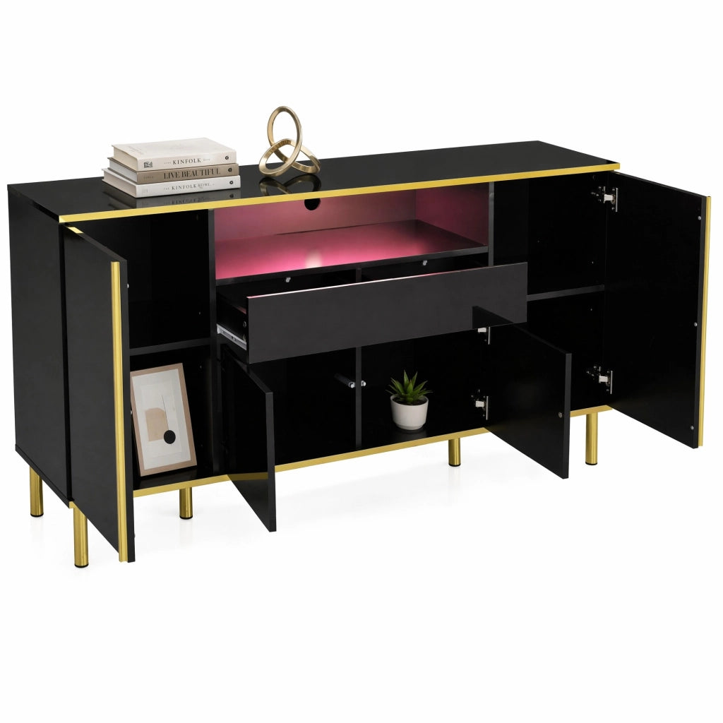 credenza 150x40x80 cm nera – contenitore LED con 4 ante