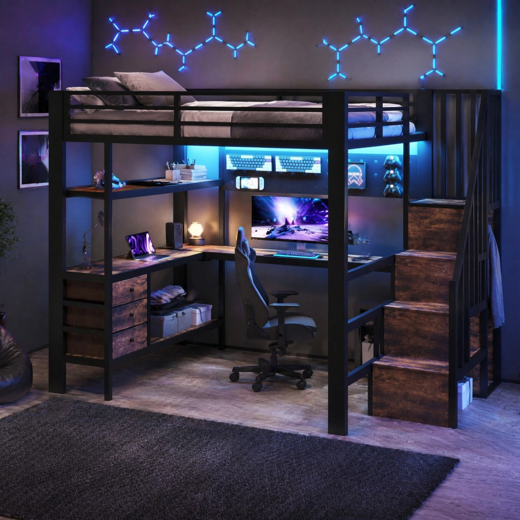 Letto a soppalco in metallo con scrivania, cassetti e LED