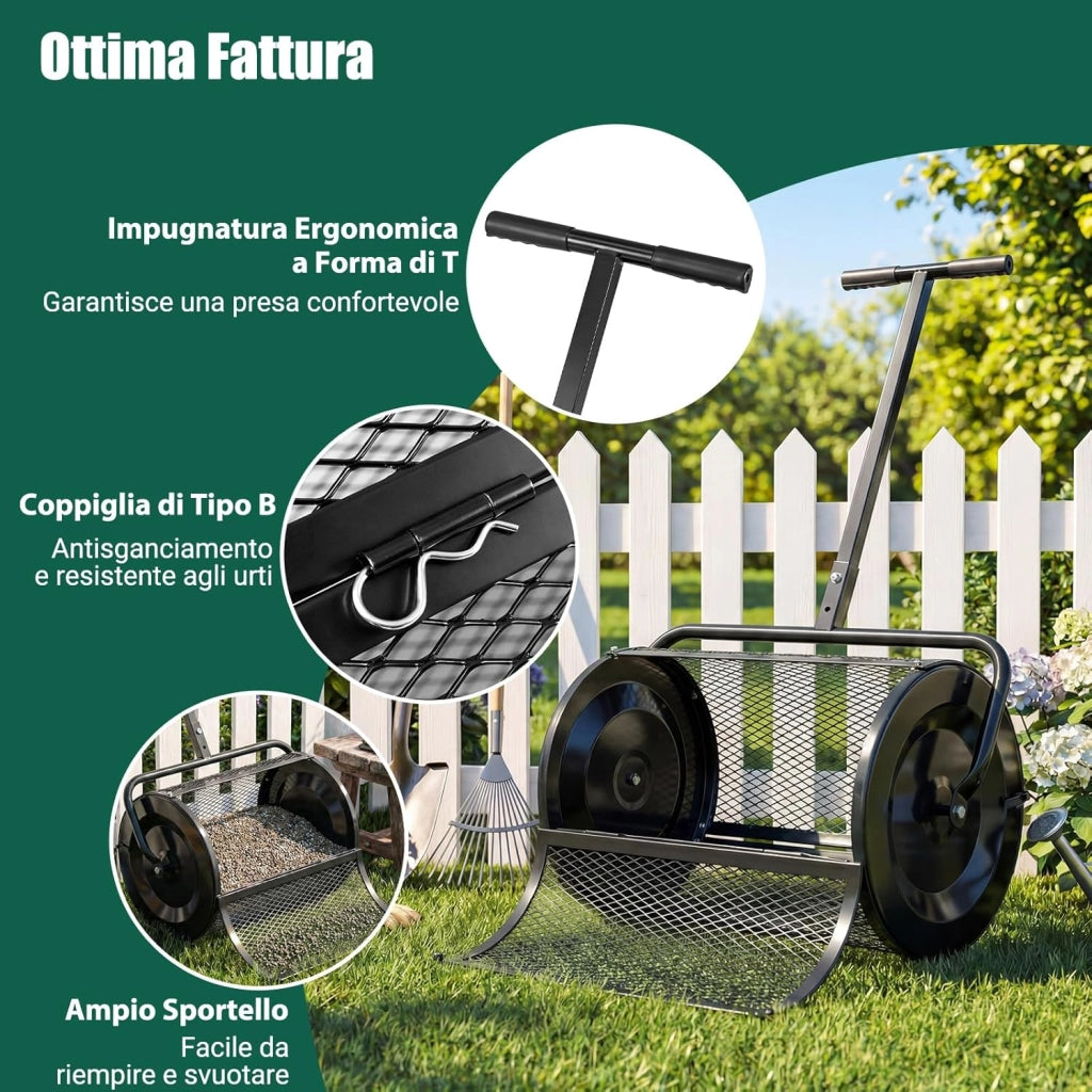Spandiconcime a Rullo, Rullo da Giardino con Impugnatura Pratica Chiusure Laterali e Rete in Metallo per Concimazione e Semina, Spandiconcime per Prato e Giardino (40 x 61 cm Nero)