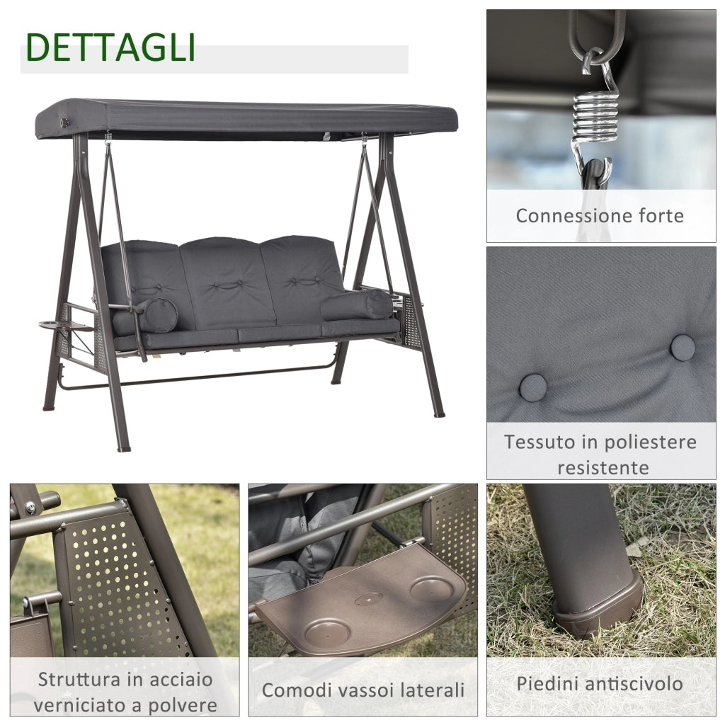 Dondolo da Giardino 3 Posti 208x120x172 cm Tetto Regolabile Portabicchieri e Cuscini Grigio