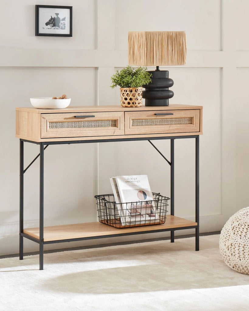 Tavolo consolle con 2 cassetti e con Scaffale in rattan legno chiaro design tradizionale