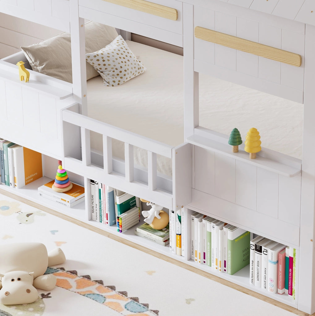 Letto a soppalco per bambini bianco 90x200 cm con libreria integrata
