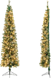 Albero di Natale Mezzo 210 CM, Albero di Natale Artificiale Metà con 150 Luci LED Incorporate, 403 Rami in PVC e Base Pieghevole in Metallo da Casa, Ufficio e Negozio