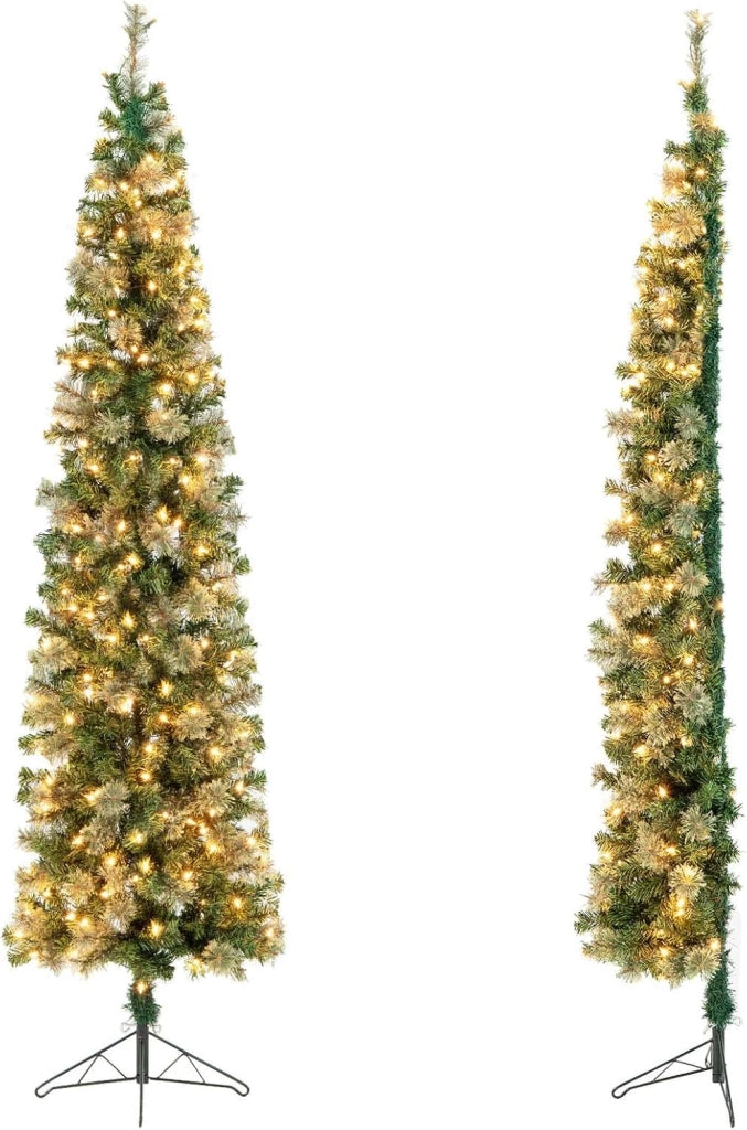 Albero di Natale Mezzo 210 CM, Albero di Natale Artificiale Metà con 150 Luci LED Incorporate, 403 Rami in PVC e Base Pieghevole in Metallo da Casa, Ufficio e Negozio