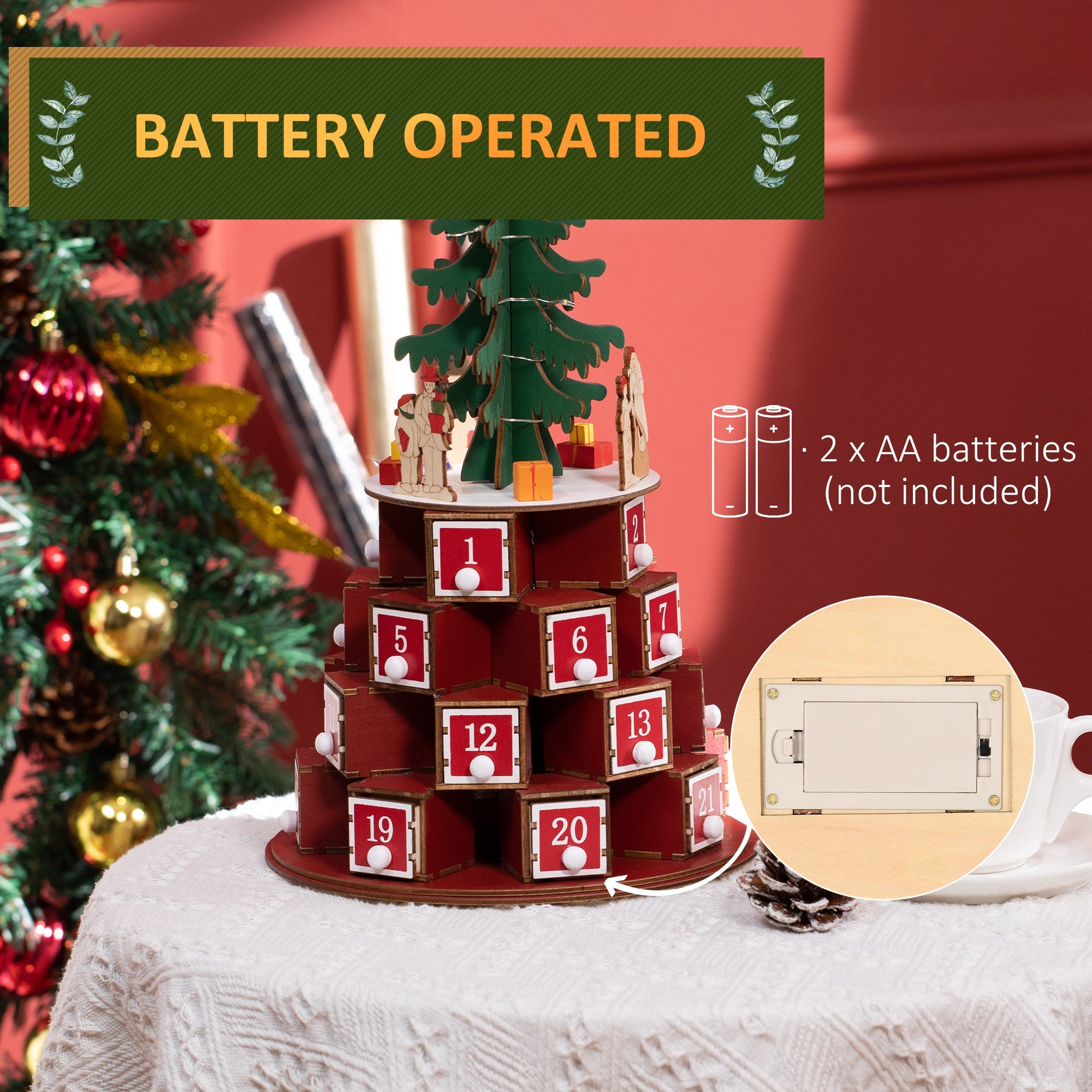 Calendario Avvento di Natale a Cono 22x22x35 cm Con 10 Luci a LED in Compensato