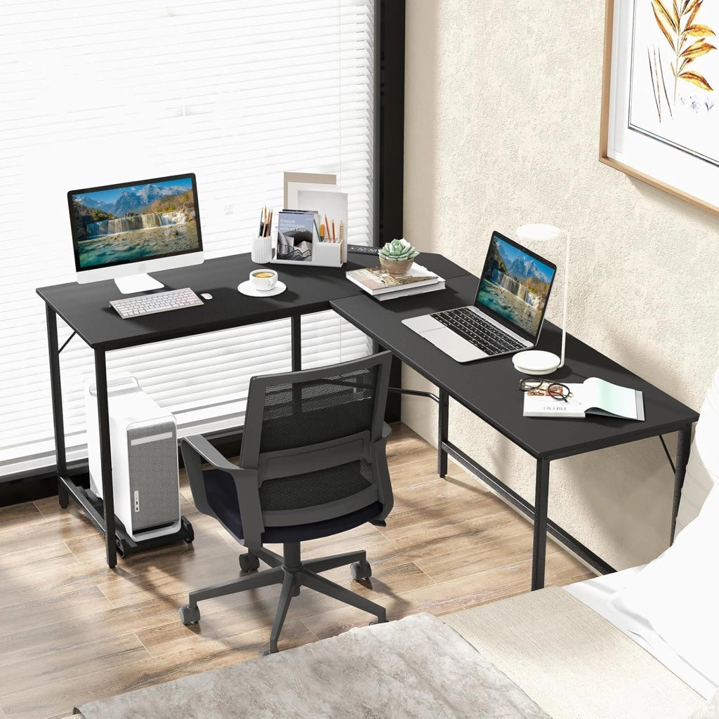 Scrivania angolare per computer, scrivania per computer a forma di L con prese di corrente, supporto per computer, scrivania con porte USB, design poco ingombrante (nero)