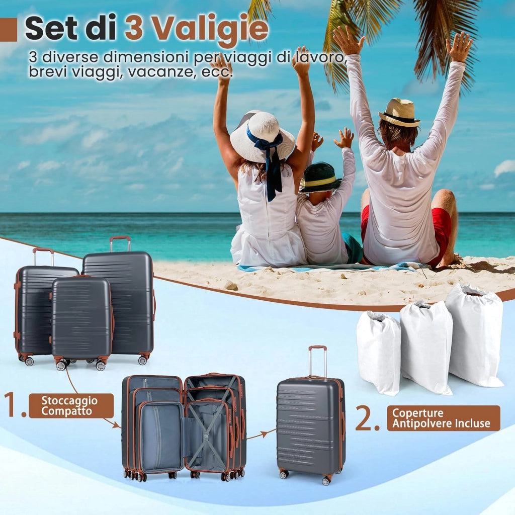 Set di Valigie Rigide 3 Pezzi, Set Valigia da Viaggio in ABS con TSA Lucchetto, Manico Telescopico in Alluminio e Ruote Piroettanti, 20", 24", 28" (Grigio)
