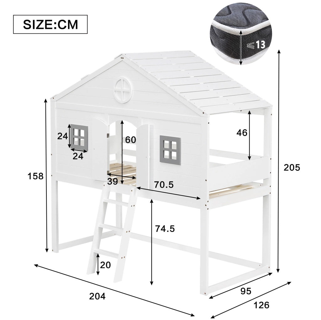 Letto a soppalco per bambini 90x200 cm bianco e grigio con scala e finestre